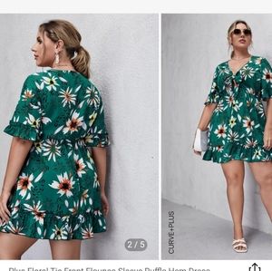 Plus Floral Tie Front Flounce Sleeve Ruffle Hem Dress